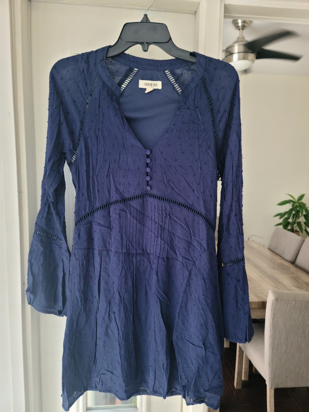 Velvet Navy Long-Sleeve V-Neck Textured Mini Dress